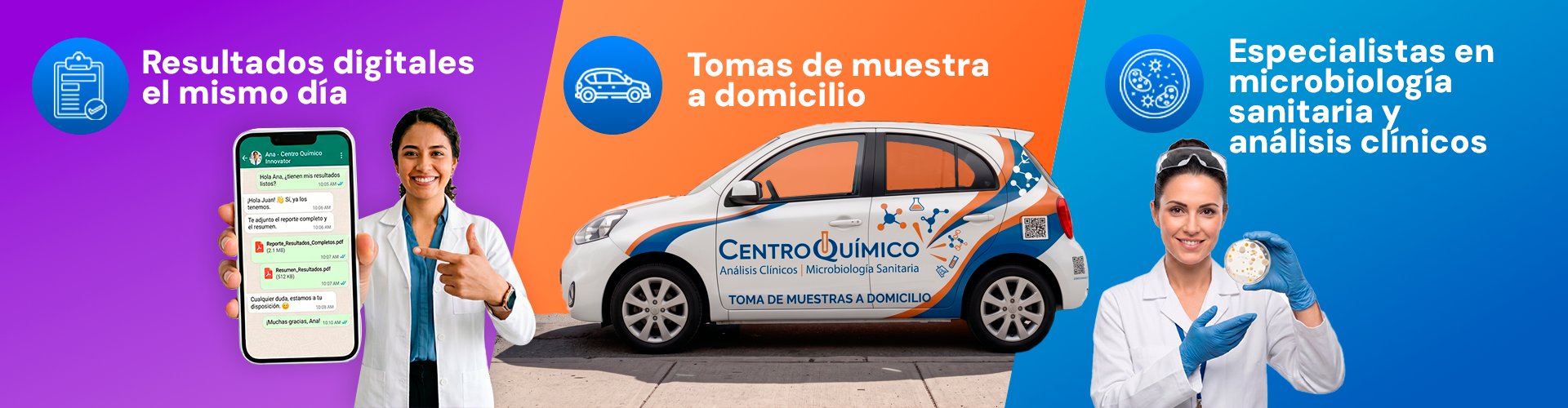 Resultados digitales el mismo día · Tomas de muestra a domicilio · Especialistas en microbiología sanitaria y análisis clínicos